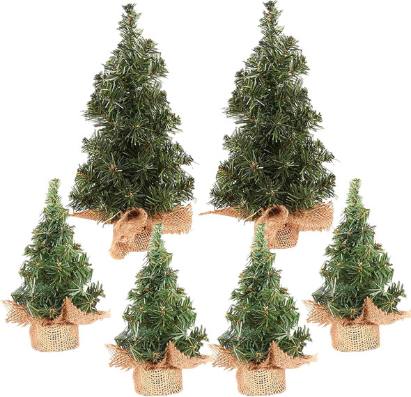 6 Pack Mini Tabletop Christmas Tree, Miniature Christmas Tree With Linen Base, Small Christmas Trees 7.87" / 11.81", Mini Artificial Christmas Tree, Best Decoration For Christmas