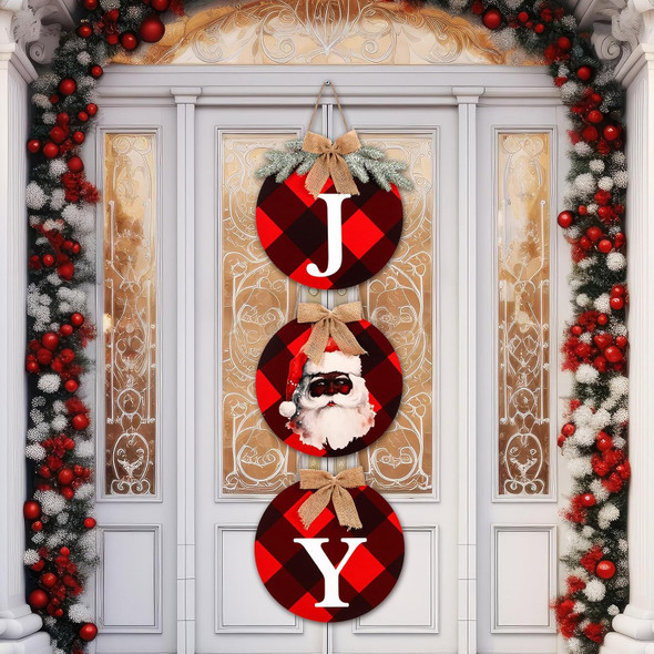 Christmas Black Santa Joy Wood Sign African American Christmas Decoration Red and Black Buffalo Check Plaid Xmas Hanging Ornaments for Xmas Year Winter Home Party Supplies