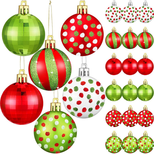 24 Pcs Christmas Ball Ornaments 1.97 Inches Glittering Plastic Hanging Decorations Lime Green Elf Balls Swirl Candy Cane Shatterproof Hanging Tree Ornaments for Xmas Holiday Party Decors