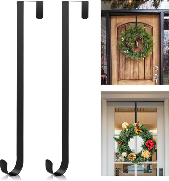 2 Pack 15” Wreath Door Hanger, Wreath Hooks for Front Door 40lb Load-Bearing, Metal Wreath Hanger for Welcome Sign Christmas Halloween Easter Decor (Black)