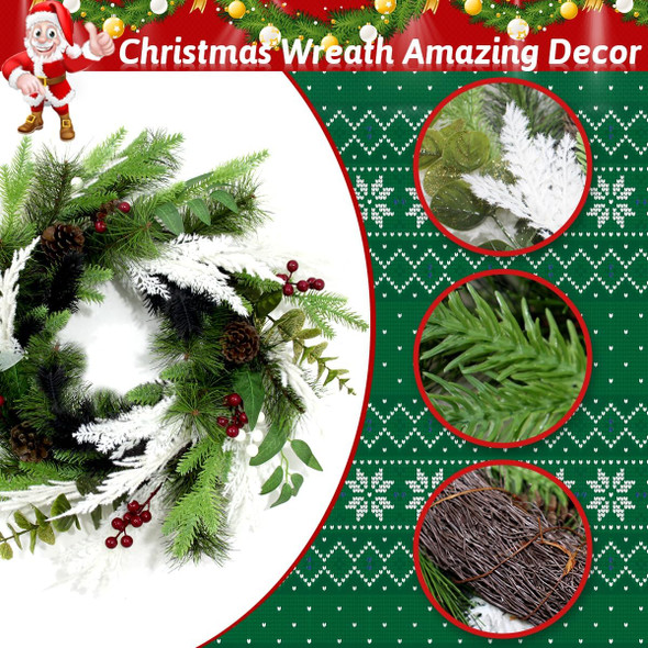 Large Christmas Wreath, 22 Inch Artificial Wreath with Red and White Berry, Pine Cone and Branches, Eucalyptus, Handmade Wreath for Xmas Home Front Door Window Decoration