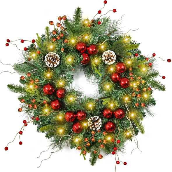 Beinhome Pre-Lit Christmas Wreath with Timer Lights, 22in Christmas Wreaths Winter Wreath for Front Door Decor, Wreaths with Berries Red Ball Pine Cones Ornaments for Christmas Door Decoration
