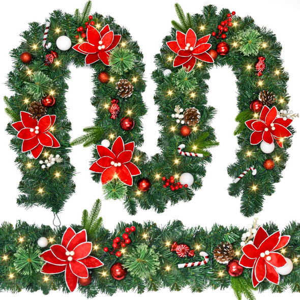 Christmas Garland with Lights, 9Ft Prelit Christmas Garland with Pinecones Red Berries Bows Christmas Balls Candies for Christmas Decorations and Holiday Mantle Fireplace Decor