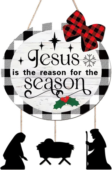 Jesus Is The Reason for The Season Door Hanging Sign Christmas Nativity Scene Front Door Hanger Christmas Wooden Door Wreath Welcome Sign Xmas Wooden Wall Hanging Decor for Front Door Wall