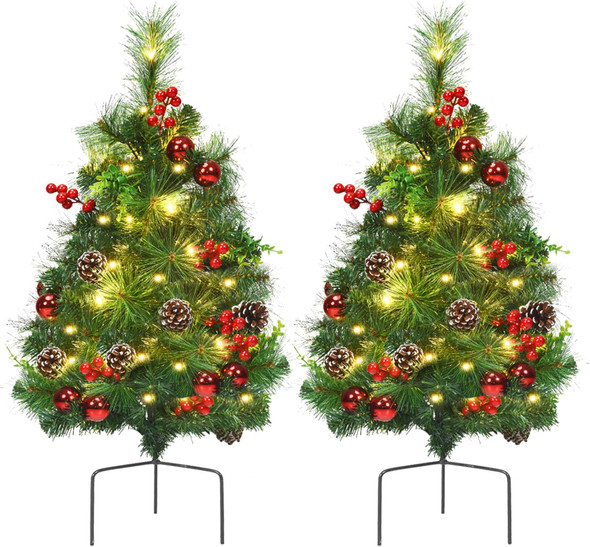 24 Inch Pathway Christmas Tree Set of 2, Battery-Powered Mini Christmas Tree w/ 30 LED Lights, 8 Flashing Modes, Berries, Pine Cones & Ornaments, Pre-lit Xmas Tree for Lawn, Yard