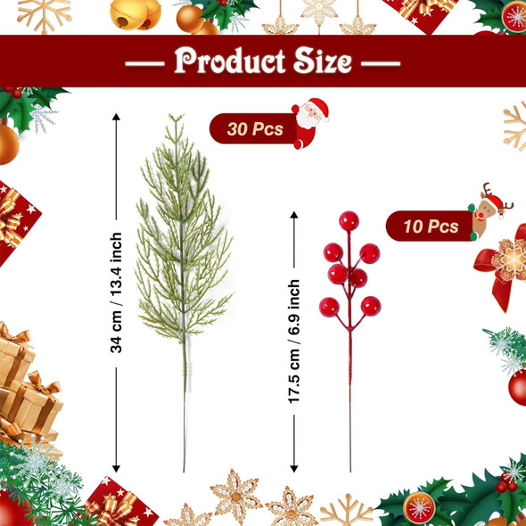 40 PCS Christmas Artificial Pine Branches with Red Berry Stems, 13.4" Christmas Faux Cedar Stems, Fake Christmas Greenery Pine Picks, Fake Foliage Pine Needles Picks for DIY Craft Garland Home Decor
