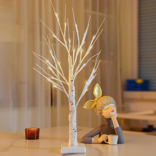BHCLIGHT Lighted Birch Tree, 2FT 24 LED Battery Operated with Timer Tabletop Fairy Tree Lights, White Artificial Branch for Christmas Decorations,Valentine's Day, Wedding (1 Pack Birch Trees)