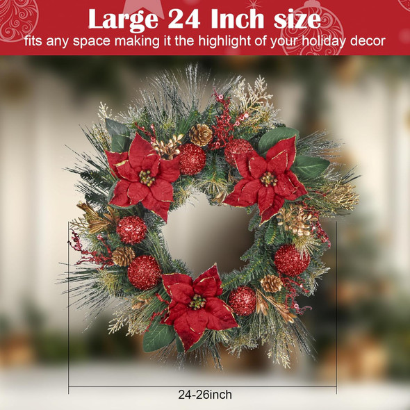 Christmas Wreath for Front Door 24 Inch Artificial Christmas Wreath with Pine Needles, Pinecones, Gold Decorations Accents for Indoor/Outdoor Wall Windows,Christmas Thanksgiving Decorations
