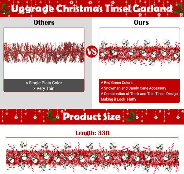 33 Ft Christmas Tinsel Garland Christmas Decorations with Snowman Candy Cane Red Metallic Christmas Garlands for Christmas Tree Decor Indoor Outdoor Christmas Party Decorations Home Mantle Fireplace