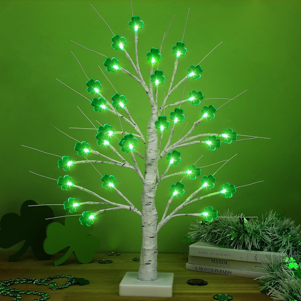 St. Patrick's Day Lighted Birch Tree with Timer, 32 LED Green Shamrock Artificial Tree, Branches Ornaments for Irish Home Party Decorations - USB & Battery Operated