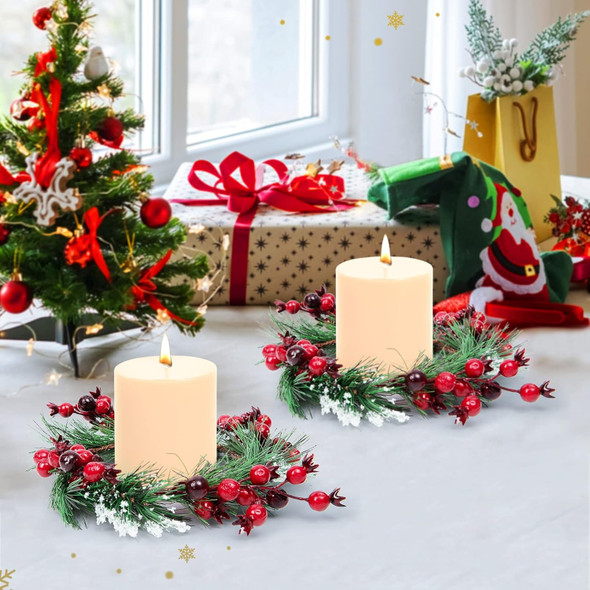 Christmas Candle Rings- 4.3 Inches Candle Wreaths Candle Garland with Artificial Red Berries- Xmas Wreath Candle Holder for Christmas Wedding Table Dinner Party Decoration, 4 Pcs