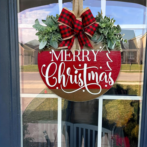 Chrismas Welcome Wreath Sign Decorations, Merry Christmas Hanging Sign for Front Door, Christmas Wooden Door Wreath with Bow for Holiday Rustic Farmhouse Outdoor Wall Window Decor (Merry Christmas)