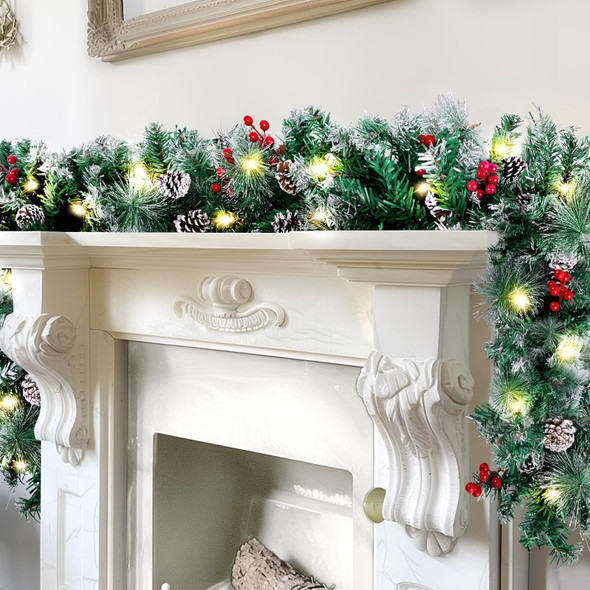 Christmas Garland with Lights, 9FT Artificial Lighted Garland Indoor for Stairs, Fireplace, 50 Lights Green Garland, Pine Cones & Red Berries & Pine Needle