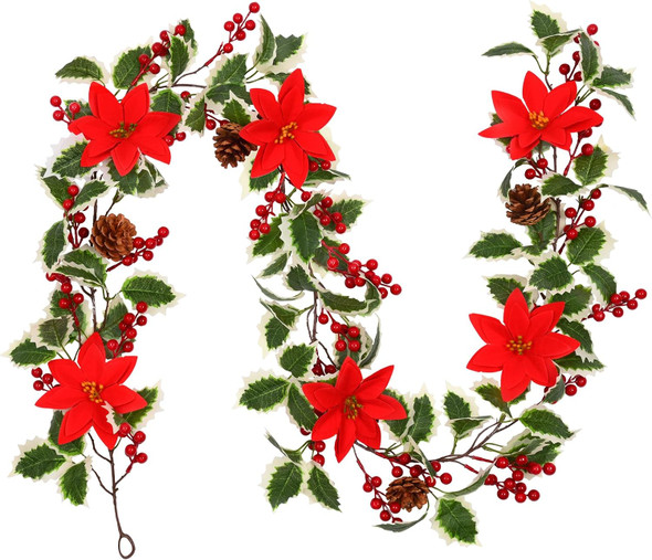 BLEUM CADE Christmas Decorations Garland - 6.3Ft Artificial Christmas Garland for Mantle, Holly Red Berry Garland with Poinsettia and Pine Cones for Xmas Tree Fireplace Indoor Outdoor Home Decor
