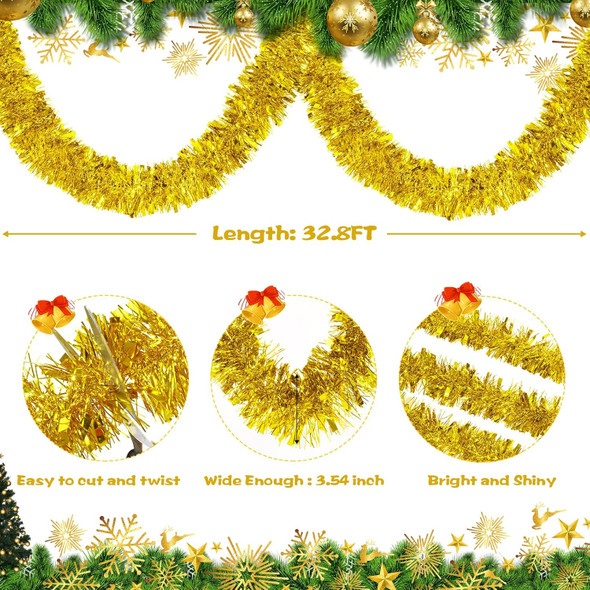 BLEUM CADE 32.8Ft Christmas Tinsel Garland, Gold Tinsel Garland for Xmas Tree Decorations Holiday Birthday Wedding Party Supplies