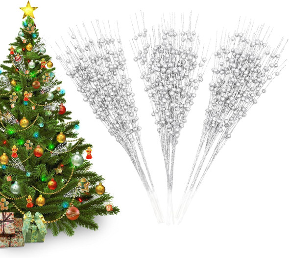 12 Pack Silver Christmas Tree Decorations, 16" Glitter Berry Stems Ornaments, Christmas Picks Sticks for Christmas Tree Topper Filler Vase DIY Home Decor