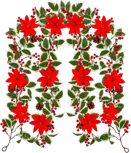 Christmas Decorations Garland - 2Pcs 12.6Ft Artificial Christmas Garland for Mantle, Holly Red Berry Garland with Poinsettia and Pine Cones for Xmas Tree Fireplace Indoor Outdoor Home Decor