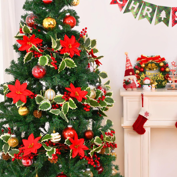Christmas Decorations Garland - 2Pcs 12.6Ft Artificial Christmas Garland for Mantle, Holly Red Berry Garland with Poinsettia and Pine Cones for Xmas Tree Fireplace Indoor Outdoor Home Decor