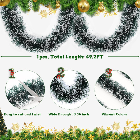BLEUM CADE 1Pcs 49.2Ft Christmas Tinsel Garland, Green Tinsel Garland with Frost Tip for Xmas Tree Decorations Holiday Birthday Wedding Party Supplies