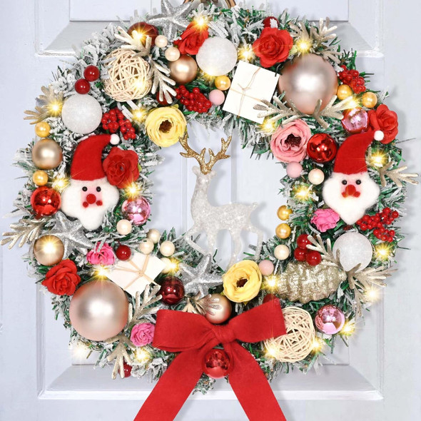 Christmas Decorations-16 Inch Christmas Wreaths with Lights, Lighted Christmas Wreaths for Front Door with Christmas Reindeer Santa Claus Red Bow, Christmas Door Wreath Indoor Outdoor Decor