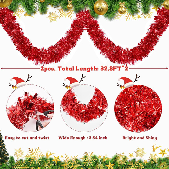 BLEUM CADE 2Pcs 65.6Ft Christmas Tinsel Garland, Red Tinsel Garland for Xmas Tree Decorations Holiday Birthday Wedding Party Supplies