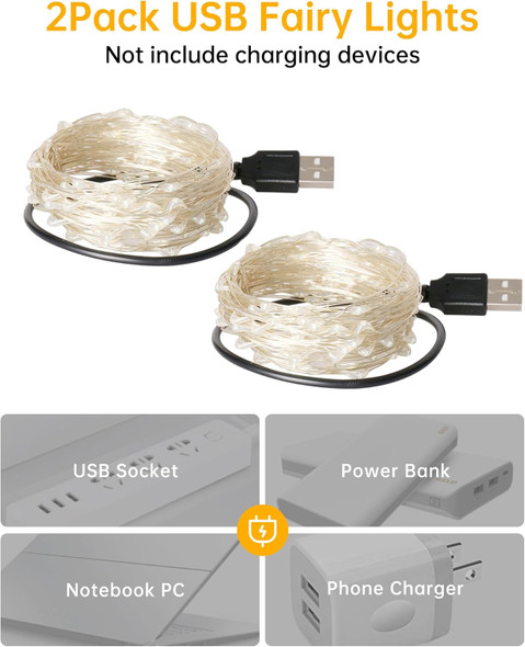 Blingstar Fairy Lights USB Powered Christmas Lights 2 Pack 33 Ft 100 LED String Lights Mini Fairy String Lights for Bedroom Christmas Tree Camping Decoration, Warm White