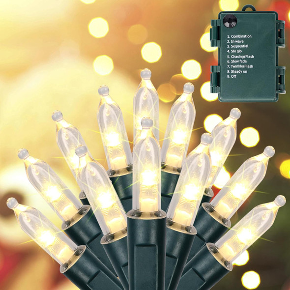 Blissun Christmas Lights, 50-Count Green Wire Light Set, Battery Operated Christmas Mini String Light with 8 Modes, 16 ft Fairy Lights for Christmas Tree Garden Wreath Decorations (1 Pack, Warm White)