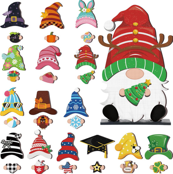 Blulu Christmas Interchangeable Wooden Gnome Decor DIY Holiday Halloween winter Thanksgiving Seasonal Tiered Tray Decoration with Magnet Pieces Welcome Sign for Decorations(Cute)