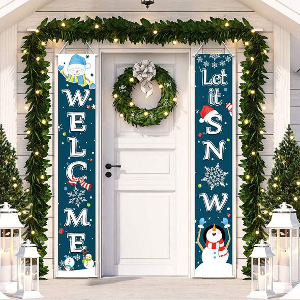 Christmas Decoration Set Christmas Porch Sign Welcome Merry Christmas Banner Christmas Hanging Garland for Frozen Winter Wonderland Party Decoration Xmas Winter Snow Party (Black Blue)