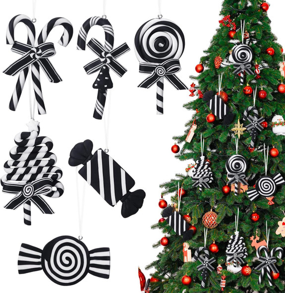 Blulu 6 Pcs Christmas Black and White Candy Cane Hanging Ornaments Halloween Glitter Candy Tree Decorations Polymer Clay Peppermint Candy Winter Holiday Xmas Party Supplies for Wreaths Christmas trees