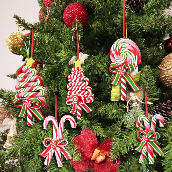 Blulu 6 Pcs Christmas Tree Candy Cane Ornaments Peppermint Lollipop Ornaments Candy Xmas Tree Hanging Decor Polymer Clay Lollipop Pendants Fake Candy Canes Craft for Holiday Wreath Party 4.7 x 2.4 in