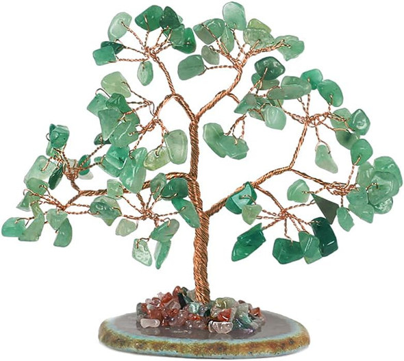 Green Aventurine Crystal Money Tree, Feng Shui Chakra Tree of Life with Geode Agate Slices Base Home Decor for Wealth and Luck.