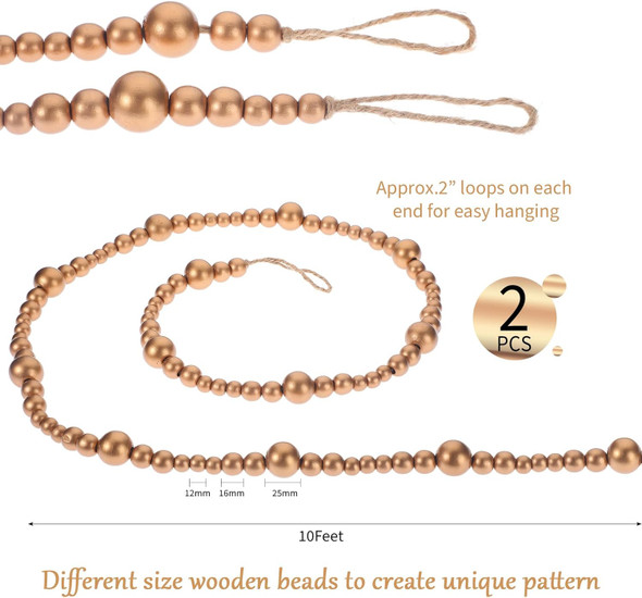 Boao 20 Feet Christmas Wooden Beaded Garland Rustic Farmhouse Bead Wall Hanging Decor Natural Tree Garland Wall Hanging Prayer Beads for Christmas Day (Gold)