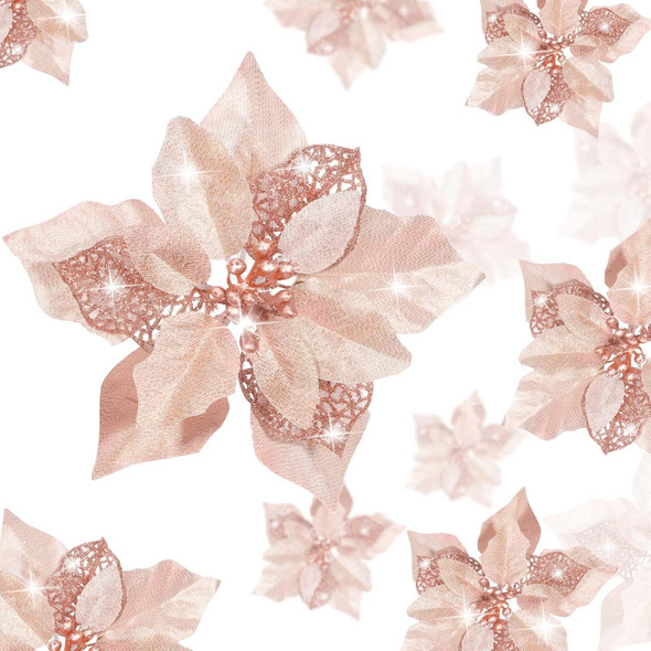 Boao 24 Pieces Christmas Artificial Glitter Poinsettia Flowers Xmas Flowers Wedding Christmas Tree Year Ornaments(Rose Gold)