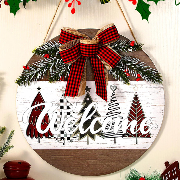 Boao Christmas Door Sign Merry Christmas Welcome Hanging Wall Sign for Front Door 11.8'' Round Xmas Tree Christmas Wreath Wooden Porch Sign with Bow Porch Farmhouse Home Wall Decor(Novel)