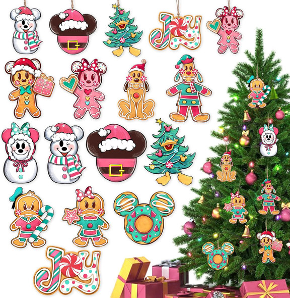 24 Pcs Cartoon Mouse Christmas Tree Ornaments, Gingerbread Man Dog Duck Snowman Wooden Xmas Tree Hanging Decorations Set, Funny Joy Home Decor Winter Holiday Party Supplies with Jute Rope