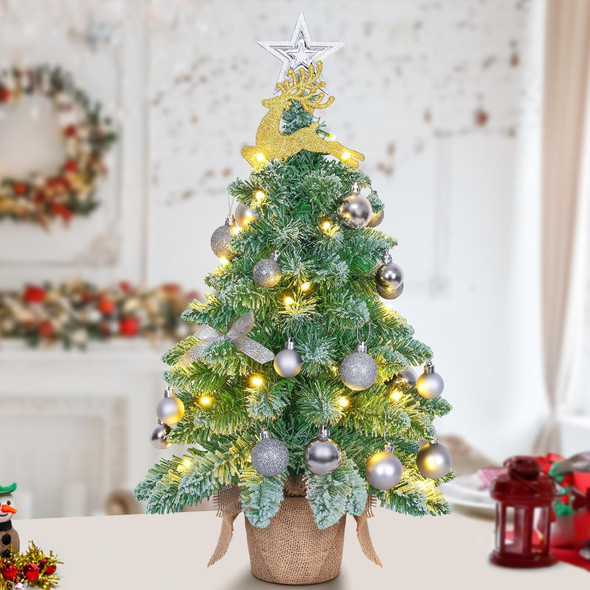 24” Mini Christmas Tree Battery Operated, Prelit Flocked Small Christmas Tree, Artificial Tabletop Xmas Tree Decor, Warm & Multi-Color Lights, Treetop Star, Reindeer&Silver Ornaments, Cloth Bag Base