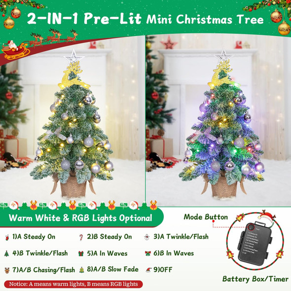 24” Mini Christmas Tree Battery Operated, Prelit Flocked Small Christmas Tree, Artificial Tabletop Xmas Tree Decor, Warm & Multi-Color Lights, Treetop Star, Reindeer&Silver Ornaments, Cloth Bag Base