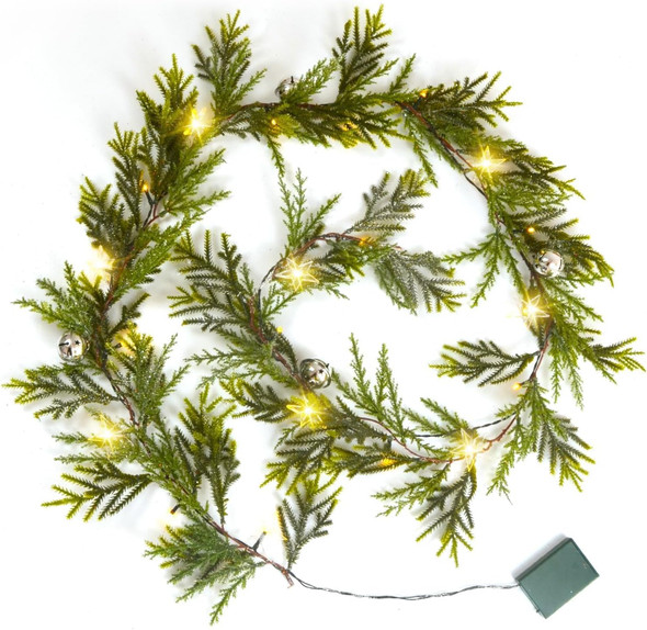 6.4FT Christmas Garland Decorations with Led & Star Lights, Faux Spruce Evergreen Garland Prelit Garland Indoor Christmas Decor with Silver Jingle BellsMantel Garland for Xmas Eve Fireplace Stairs