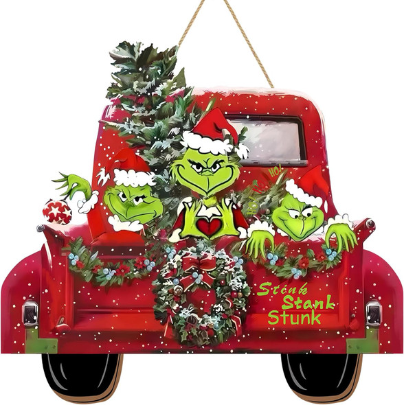 Christmas Door Hanging Sign Decorations, Wooden Christmas Wall Hanging Decor, Truck Wreath Pattern Front Door Signs for Porch Wall Indoor Outdoor Holiday Decor (Green)