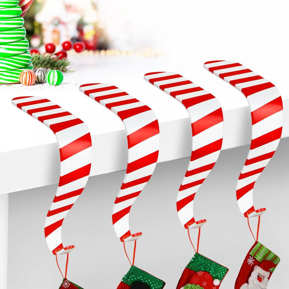 Christmas Stocking Holders for Mantle Set 4, Lightweight Metal Stocking Hangers Adjustable Candy Cane Stocking Hooks for Fireplace Widened Non-Skid Stocking Holders for Christmas Decoration