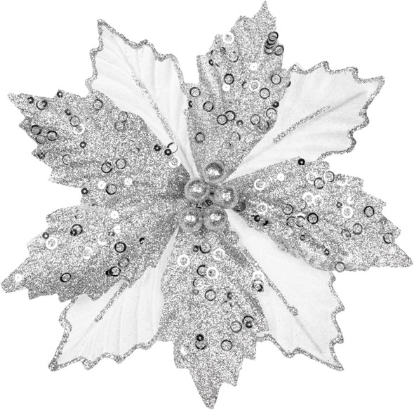 Briful 9'' Poinsettias Artificial Christmas Flowers 8PCS Silk Christmas Floral Picks and Sprays Large Silver Poinsettias Flowers with Clips for Xmas Tree Vase Arrangement Wreath Decor
