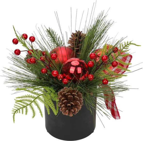 Briful 10 Inch Mini Christmas Tree Artificial Potted with Pinecones Berries and Red Xmas Ball Ribbon Christmas Arrangements Centerpieces Ornaments in 4.7'' Black Ceramic Pot for Home Indoor Table