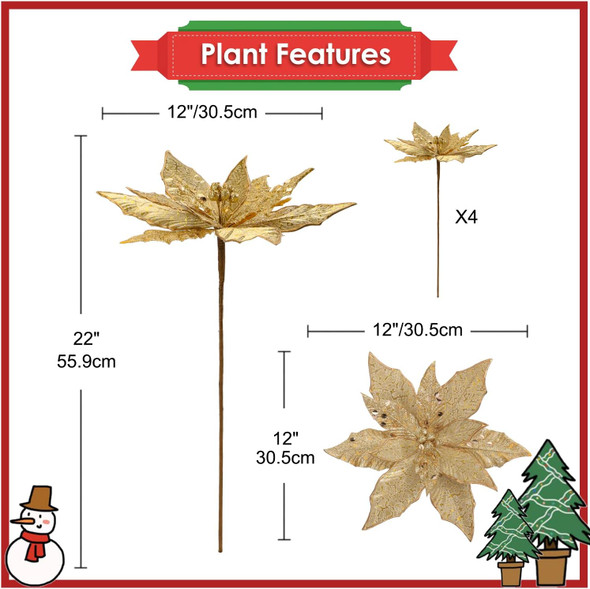 Briful 12'' Large Heads Christmas Glitter Poinsettia Flowers Christmas Tree Ornaments Set of 4 Artificial Flowers with Long Stems for Xmas Tree Party DIY Holiday Decorations,Gold