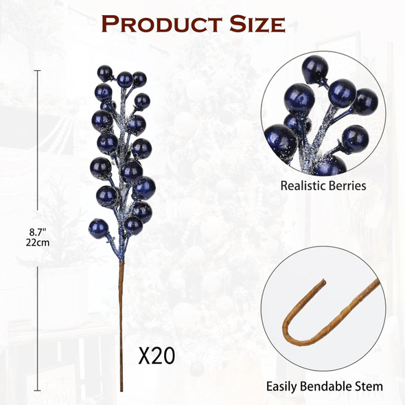 20 PCS Artificial Christmas Berry Picks, 8.7" Faux Berry Stems Spray with Glitter Paillette for DIY Crafts Wreath Garland Party Christmas Ornaments Décor