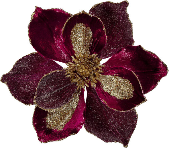 10’’ Large Heads Christmas Glitter Magnolia Flowers Christmas Tree Ornaments Set of 3 Artificial Flowers with Picks Stems for Xmas Tree Holiday Decorations, Burgundy