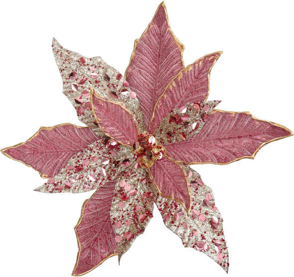 Briful 12'' Large Heads Christmas Glitter Poinsettia Flowers Christmas Tree Ornaments Set of 4 Artificial Flowers with Long Stems for Xmas Tree Party DIY Holiday Decorations, Pink