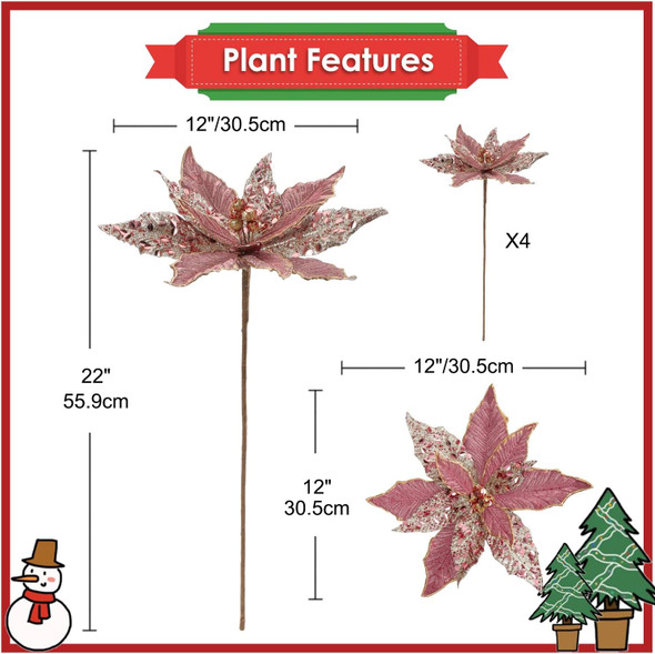Briful 12'' Large Heads Christmas Glitter Poinsettia Flowers Christmas Tree Ornaments Set of 4 Artificial Flowers with Long Stems for Xmas Tree Party DIY Holiday Decorations, Pink
