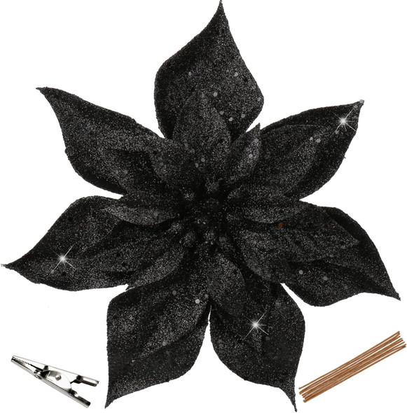 Briful 9'' Poinsettia Christmas Flowers 8PCS Black Glitter Floral Picks Large Xmas Ornament Flowers for Home Xmas Tree Wreath Garland Indoor Outdoor Decoration