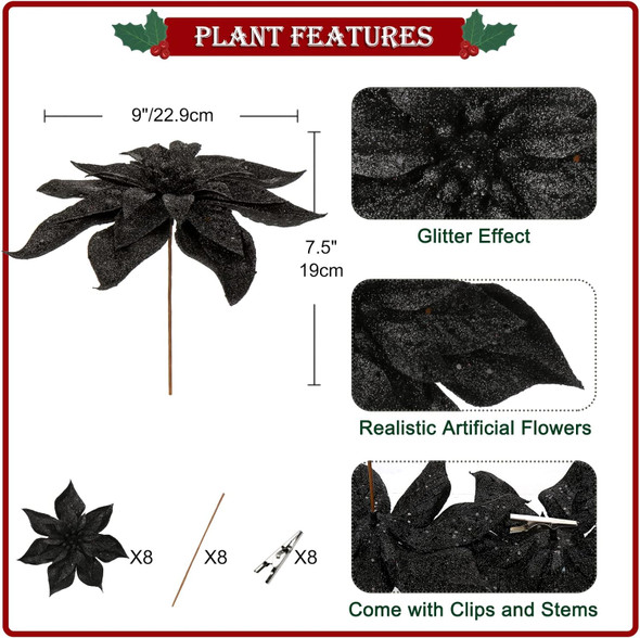 Briful 9'' Poinsettia Christmas Flowers 8PCS Black Glitter Floral Picks Large Xmas Ornament Flowers for Home Xmas Tree Wreath Garland Indoor Outdoor Decoration